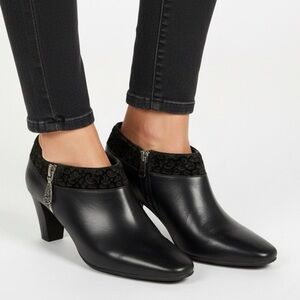 Brighton Black Genuine Leather Ankle Booties with Silver Hardware and Suede Trim